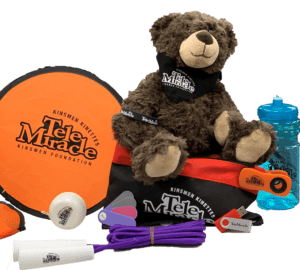 selection of TeleMiracle merchandise like yo-yo, teddy bear, water bottle and skipping rope